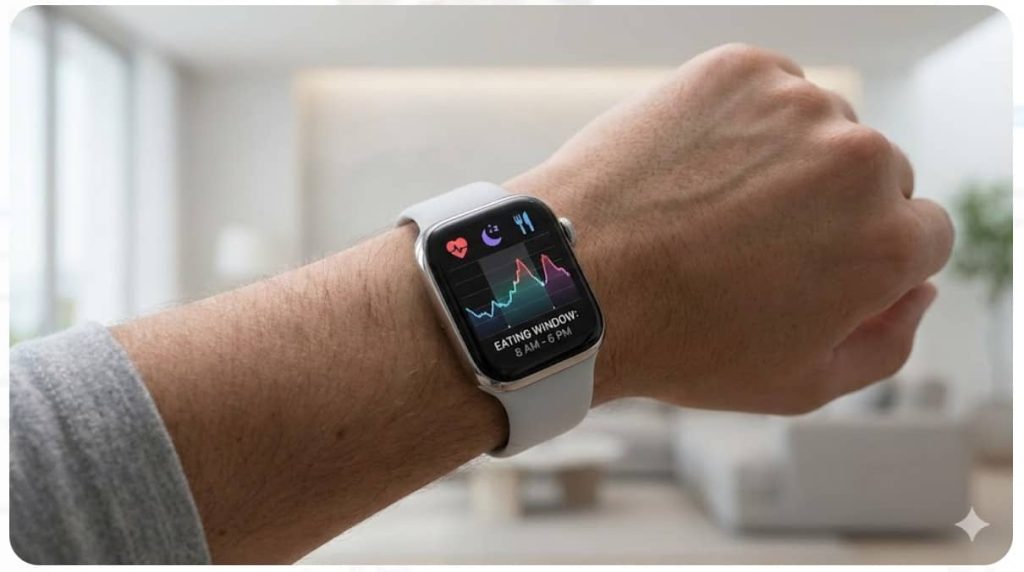 Close-up of a modern smartwatch displaying health data and a personalized eating window graph, representing the future of personalized nutrition technology.
