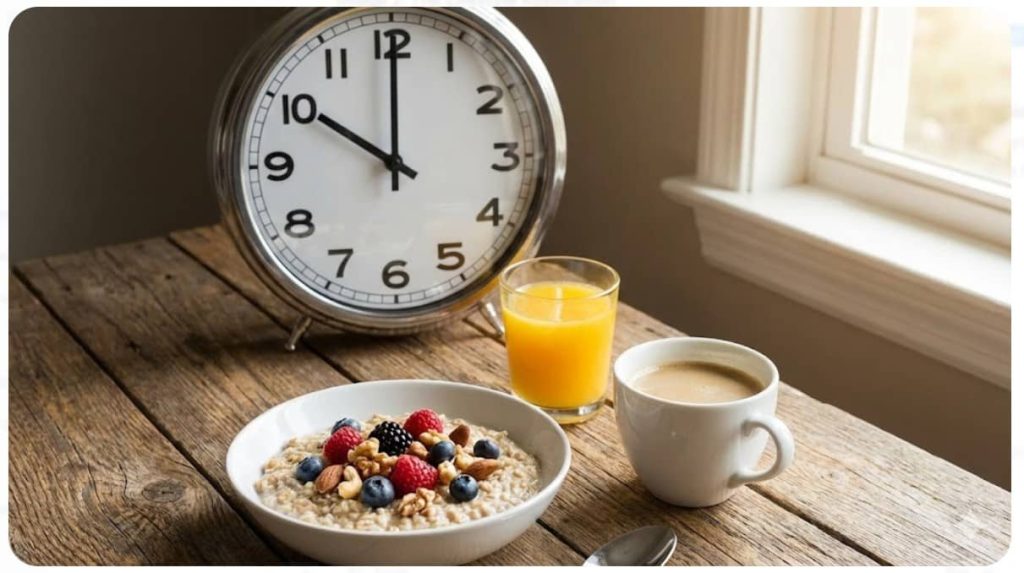 A healthy breakfast of oatmeal, fruit, and coffee next to a large analog clock set to 10:00 AM, symbolizing a time-restricted eating schedule.