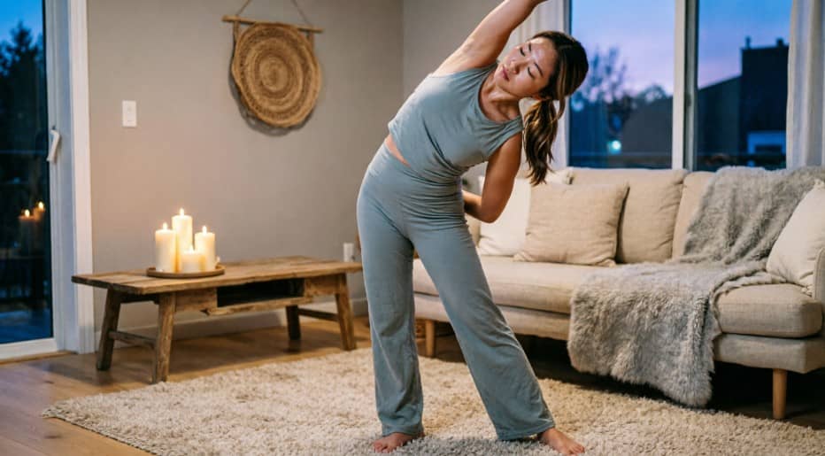 Woman doing gentle evening yoga stretches with candles for nervous system regulation and bedtime routine preparation