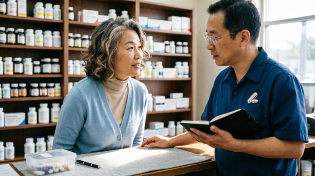 Woman asking a pharmacist questions before buying a supplement