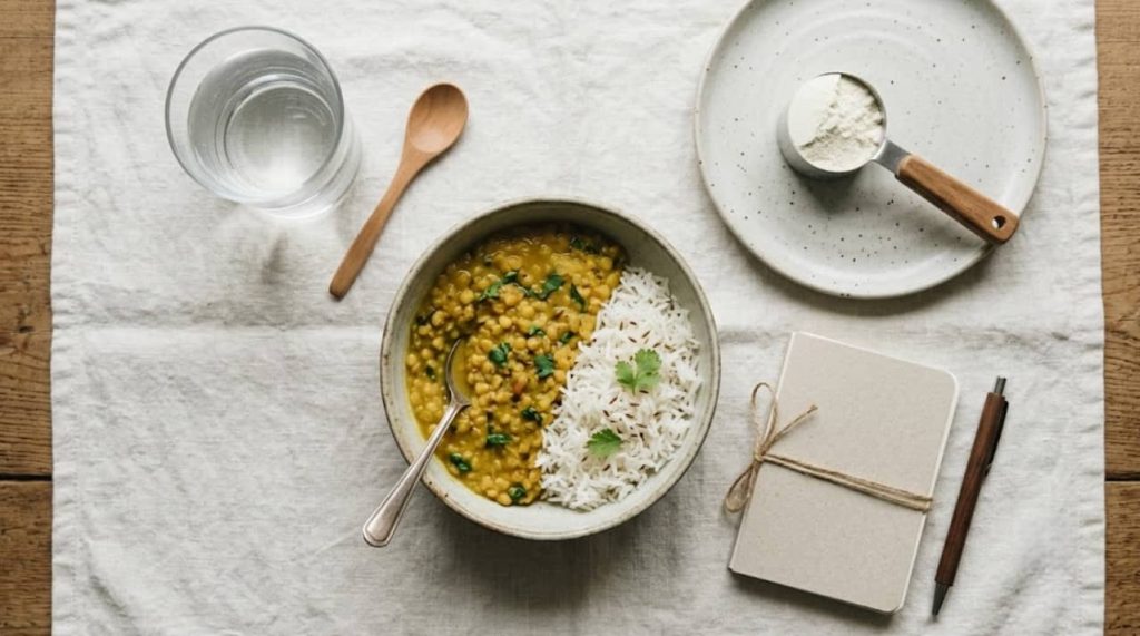 Unbranded creatine powder scoop beside a bowl of dal and rice, showing a vegetarian diet context